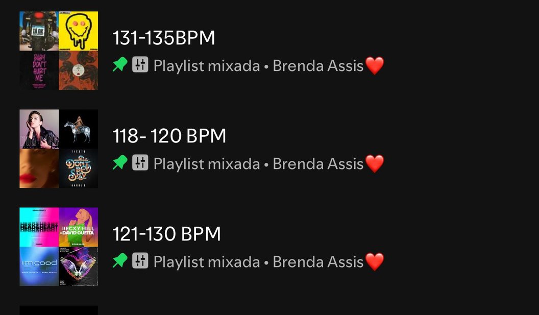 Três playlists mixadas por faixa de BPM: 128–135, 110–117 e 118–127